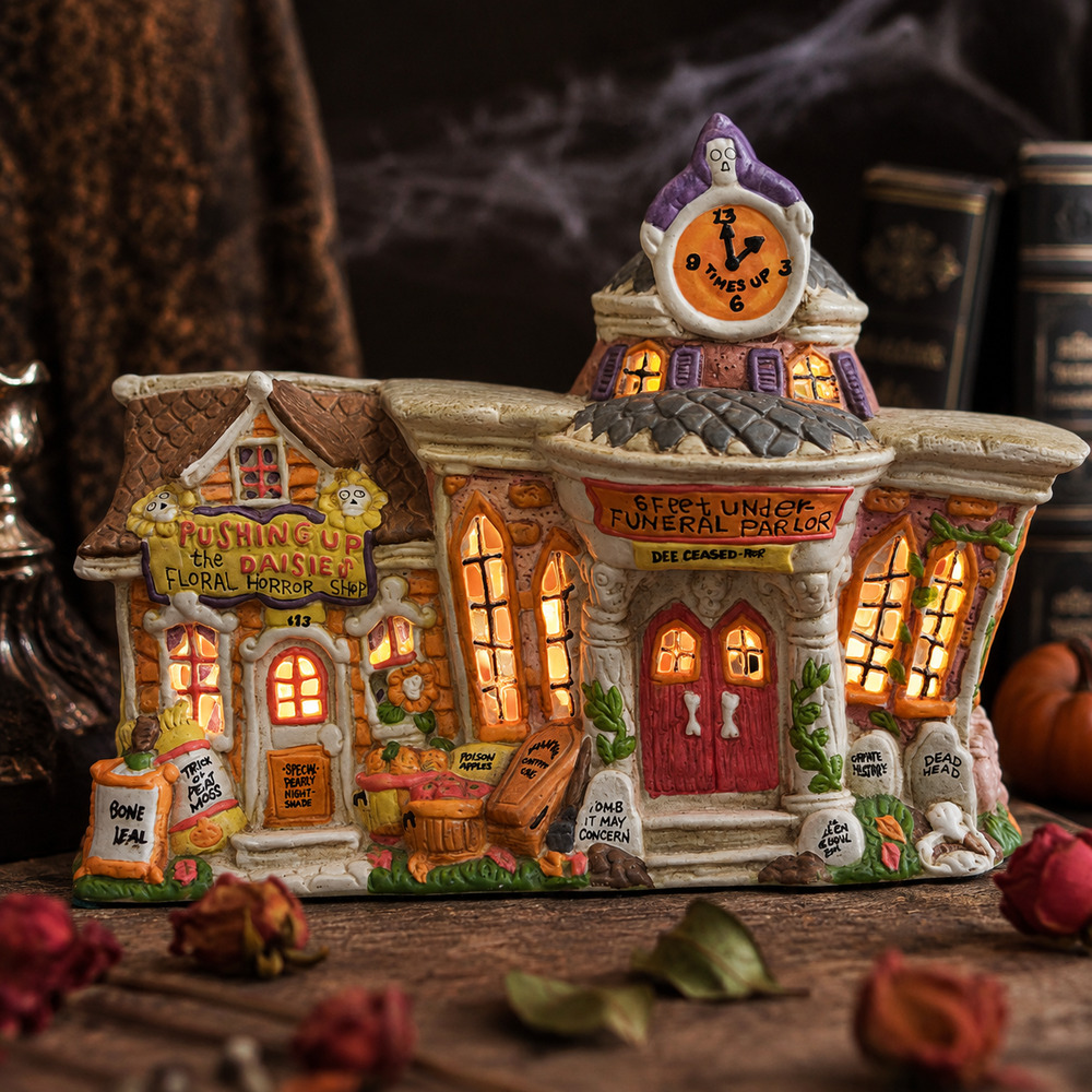 Vintage Creepy Hollow Funeral Parlor | 1995 Lighted Halloween Village House